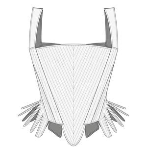 Puede incluir: Un corsé blanco con un patrón de chevron y un fondo puntiagudo. El corsé tiene una estructura de ballenas y un diseño ajustado.