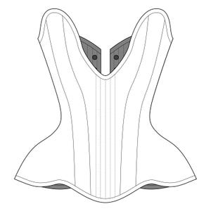 以下が含まれることがあります： Vネックラインとボーンディテールが施された白いコルセット。コルセットは尖った底とフィットしたボディスを持っています。