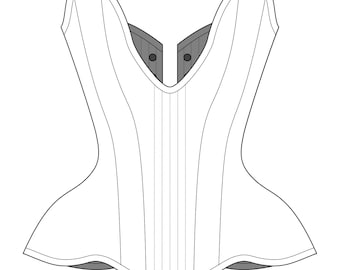 May include: A white corset with a V-shaped neckline and boning details. The corset has a pointed bottom and a fitted bodice.