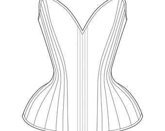 May include: A black and white line drawing of a corset with a sweetheart neckline and boning details.
