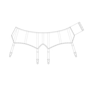 Puede incluir: Un liguero blanco con bordes festoneados y costuras verticales. El cinturón tiene cuatro tirantes ajustables con cierres metálicos. El diseño es un dibujo lineal sobre un fondo blanco.