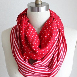 Red and White Stripes and Polka Dots Reversible Infinity Scarf