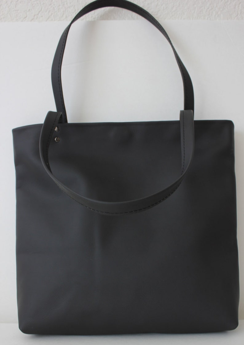 Fully Lined with Red Fabric Black Leather Tote Bag Matte Finish Black Leather Bag