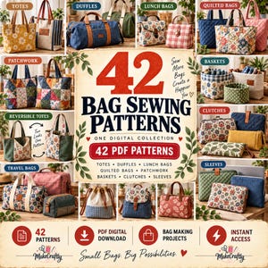 Paquete de 42 patrones de costura para bolsos en formato PDF / Patrones para bolsos de mano, de viaje y acolchados / Descarga digital instantánea