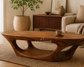 Mesa de centro rústica moderna, mesa de centro ovalada de madera maciza hecha a mano, mesa de salón escultural de madera
