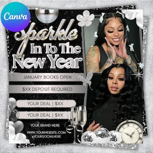 May include: A promotional graphic with the text "Sparkle In To The New Year." The design features a black and silver color scheme, images of a woman, champagne flutes, disco balls, and a clock. The text "January Books Open" is also included.