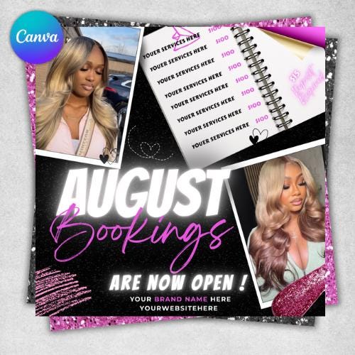 August Booking Flyer, DIY Flyer Template Design, August Appointment Flyer, Hair Lash Instagram Post, Book Now Flyer, Premade Business Flyer