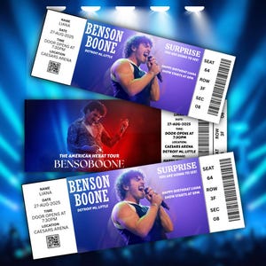 May include: Three concert tickets for Benson Boone's "The American Herat Tour" are displayed. The tickets are purple and white, with the artist's image and concert details. The tickets include the date, time, location, and a personalized message.