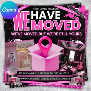 以下が含まれることがあります： 「WE HAVE MOVED」のテキストが入ったピンクと黒のプロモーション用グラフィック。画像には、場所のピンが付いたピンクの箱、ピンクのセミトレーラー、インテリアデザインの画像が含まれています。グラフィックには、ウェブサイトのアドレスとソーシャルメディアのハンドルも含まれています。