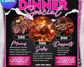 Dinner Specials Flyer, Restaurant Menu Template, Editable Food Flyer, Cafe Promotion, Printable Meal Deal Flyer, Canva Catering Specials