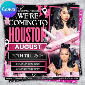 Può includere: Un volantino promozionale in nero e rosa che annuncia un evento a Houston. Il testo recita "WE'RE COMING TO HOUSTON AUGUST 20TH TILL 25TH". Il design presenta immagini di due donne e un aereo rosa.