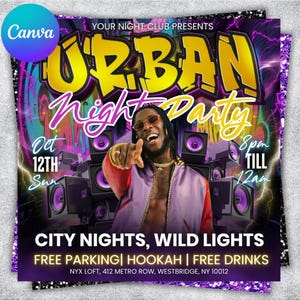 Puede incluir: Un folleto promocional para una Urban Night Party, con un hombre señalando al espectador. El folleto tiene un esquema de color púrpura y dorado con texto que dice "Urban Night Party" y detalles del evento. El evento incluye estacionamiento gratuito, hookah y bebidas gratis.