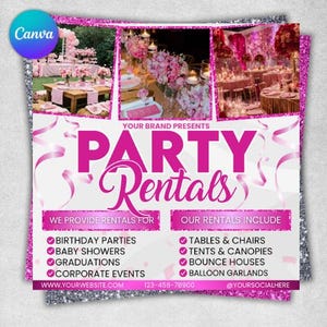Party Rentals Flyer, Event Supplies Flyer, Event Equipment Rental Flyer, Premade Party Planning Decoration Flyer, Canva Editable