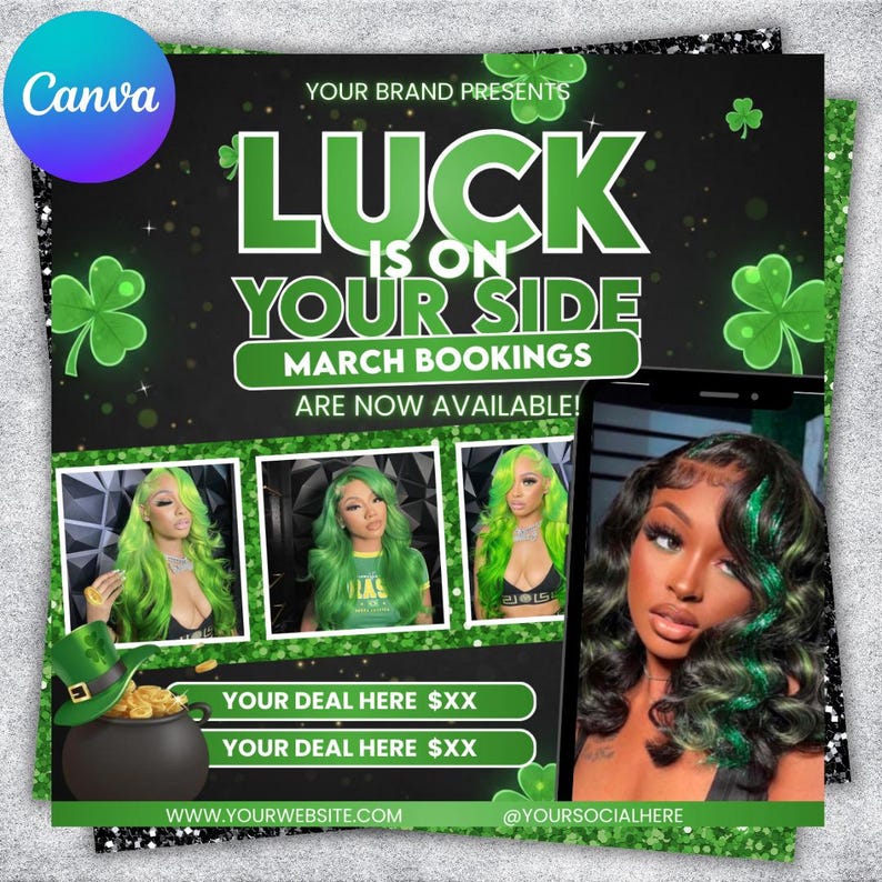 March Booking Flyer St. Patrick Day Sale Flyer Book Now Flyer Hair Braid Lash Nail MUA Booking Flyer Editable in Canva Instant Download