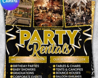 Flyer feestverhuur, flyer evenementenbenodigdheden, flyer verhuur evenementmateriaal, kant-en-klare decoratieflyer feestplanning, bewerkbaar canvas