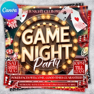 Game Night Party Flyer, Social Media Party Announcement Editable GAME NIGHT Party Invitation,DIY Canva Template, Game Night Pary Canva Flyer