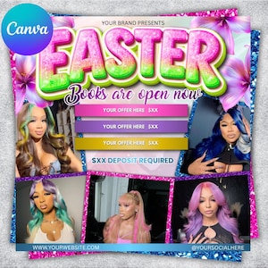 May include: A promotional graphic with a pink and green "EASTER" headline, "Books are open now" text, and multiple images of women with colorful hairstyles. The design includes floral accents and space for offers and a deposit requirement.
