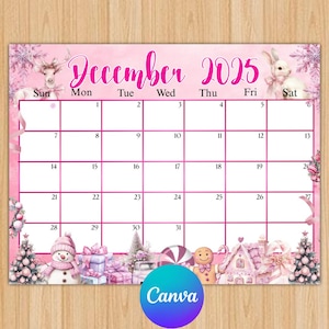 Puede incluir: Un calendario rosa de diciembre de 2025 con temática navideña. El calendario presenta un muñeco de nieve, un hombre de jengibre y árboles de Navidad. La palabra "Diciembre" y el año están en una fuente decorativa. El logotipo de Canva está en la parte inferior.