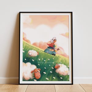 Abuela y perro felices - Una feliz aventura - Ovejas en el campo - Naturaleza al atardecer - Paseo de la abuela - Aventura en scooter - Impresión artística