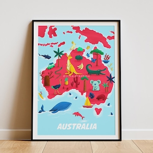 Australien Karte für Kinder - Lustige & lehrreiche Wandkunst - Australische Tiere - Lernposter - Kinderzimmerdeko