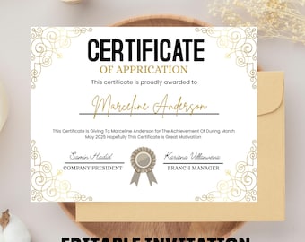 May include: A certificate of appreciation with gold filigree borders and text. The certificate is awarded to Marceline Anderson. The text "EDITABLE INVITATION" is at the bottom. The certificate is on a wooden tray with a gold envelope.
