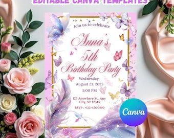 Butterfly Birthday Invitation, Girl Butterfly Party, Purple Butterfly Birthday Invite, First Birthday Invitation, Editable Canva Template