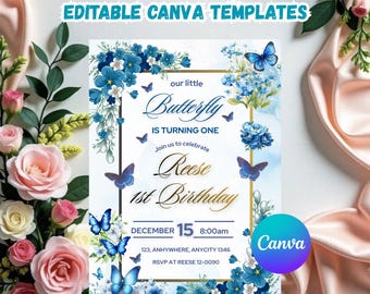 May include: A birthday invitation template with a butterfly theme. The design features blue floral accents, butterflies, and the text "our little Butterfly is turning one." The invitation includes the name "Reese," the date, time, and RSVP information. The Canva logo is visible.