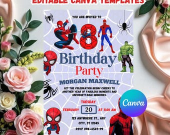 Editable Watercolor Spidey and his Amazing Friends Birthday Party Invitation | Superhero Birthday Invite Canva Template | Instant Download
