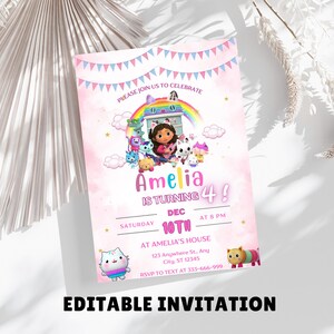 Op de afbeelding: Roze verjaardagsuitnodiging met een cartoonafbeelding van een meisje en kleurrijke figuren. De tekst "Amelia wordt 4!" en evenementdetails zijn opgenomen. De tekst "EDITABLE INVITATION" staat onderaan.