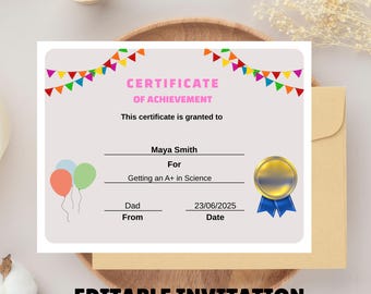 Editable Kids Award Certificate Congratulations Toddler Certificate, Certificate of Achievement Kindergarten Diploma Template.