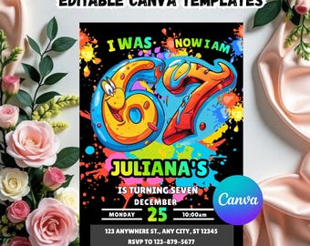 Six Seven Graffiti Kids Birthday Party Invitation Template, 67 Viral Meme, Neon Street Art Style: Instant Download Editable Canva Template