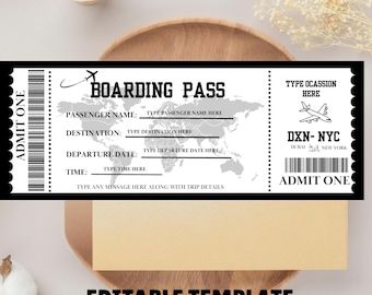 Editable Boarding Pass Template, Printable Plane Ticket, Personalized Travel Gift, Digital Download, Surprise Birthday Plane Ticket