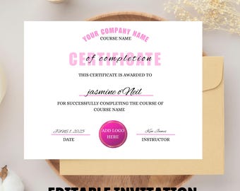 Plantilla rosa de certificado de finalización, maquillador, técnico de uñas, peluquero, técnico de pestañas, certificado de belleza femenina DIY, folleto de finalización del curso