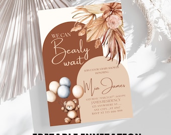 Editable Gender Neutral Brown Teddy Bear Baby Shower Invitation, We Can Bearly Wait Bear Balloon Baby Shower Invite Printable Template