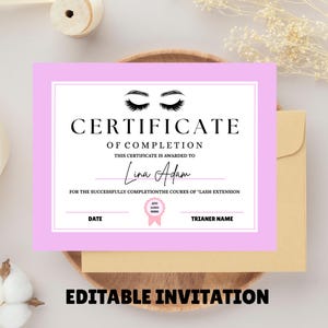 Editable Lash Certificate Of Completion Template, Printable Lash Extension Certificate, Lash Course Certificate Canva Template