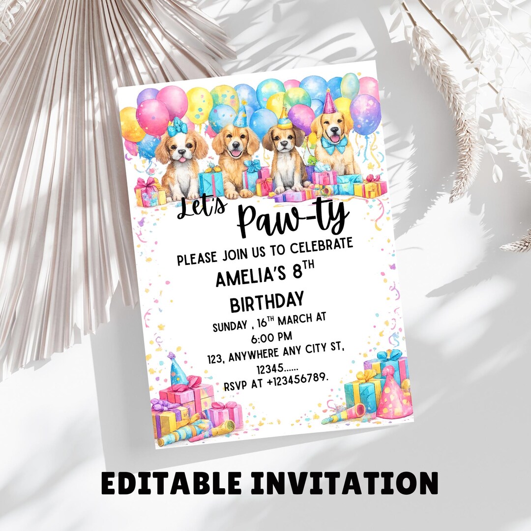 Editable Dogs Birthday Party Invitation, Dog Invitation, Puppy Birthday ...