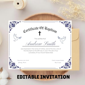Editable Baptism Certificate Template, Printable Certificate Of Baptism, Custom Baby Baptism Certificates, Canva Church Template