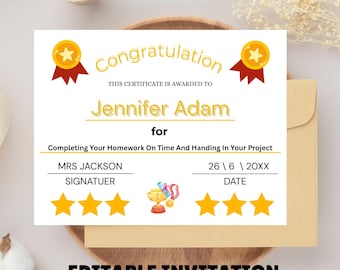 Prêmio editável para impressão, certificado de estrela de ouro para crianças, certificado de prêmio para professor, aluno, criança, criança, para impressão, download instantâneo