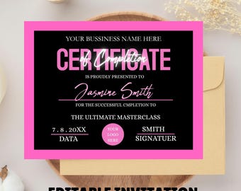 Plantilla de certificado de finalización, maquillador, técnico de uñas, peluquero, técnico de pestañas, certificado de belleza negra DIY, folleto de finalización del curso