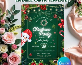 Op de afbeelding: Een feestelijke kerstfeest uitnodigingssjabloon met een groene achtergrond, met een sneeuwpop, ornamenten en zuurstokken. De uitnodiging bevat de tekst "Christmas Party" en evenementdetails. Het Canva-logo is zichtbaar.