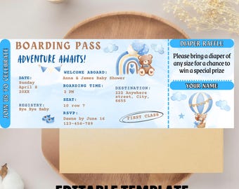 Adventure Awaits Baby Shower Invitation Boarding Pass, Editable Template, Digital Instant Download, Vintage, Travel Baby Shower, Blue