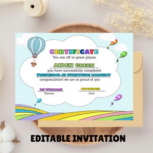 May include: A light blue certificate with colorful text and illustrations, including a hot air balloon and parachutes. The certificate reads "CERTIFICATE" and "AIDEN GREEN" with the text "EDITABLE INVITATION" at the bottom.