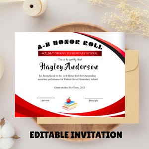Red Black School Award Printable Award, Elementary High School Award, Certificate Download, Editable AB Honor Roll Certificate Template