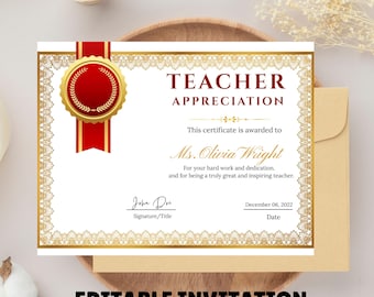 Award Certificate For Teacher, Printable Award Certificate,  Teacher Appreciation Award Certificate Template, Canva certificate