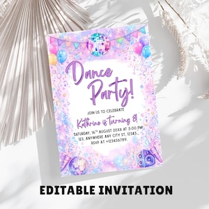 May include: A dance party invitation with a colorful design. The invitation features the text "Dance Party!" in a whimsical font, along with details about the event. Balloons, disco balls, and musical notes decorate the invitation. The words "Editable Invitation" are at the bottom.