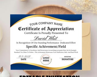 Editable Certificate Of Appreciation Template, Printable Appreciation Certificate, Appreciation Gift Certificate Canva Template