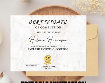 Redigerbar certifikatmall, färdigställandeintyg, utskrivbart certifikat med guldögonfransar, direktnedladdning