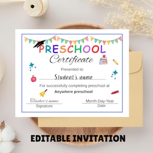 Bearbeitbares Vorschuldiplom, Vorschul-Abschlussdiplom, PRESCHOOL-Abschlusszertifikat, Vorschuldiplom-Vorlage, Vorschuldiplom