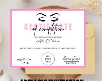 Certificate of Completion, Certificate Template, Lash Certificate, Makeup Certificate, Editable Certificate, Canva Certificate