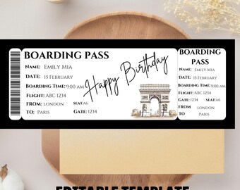 Modèle modifiable de carte d'embarquement, billet d'avion personnalisé imprimable, billet surprise anniversaire, modèle canva, téléchargement immédiat